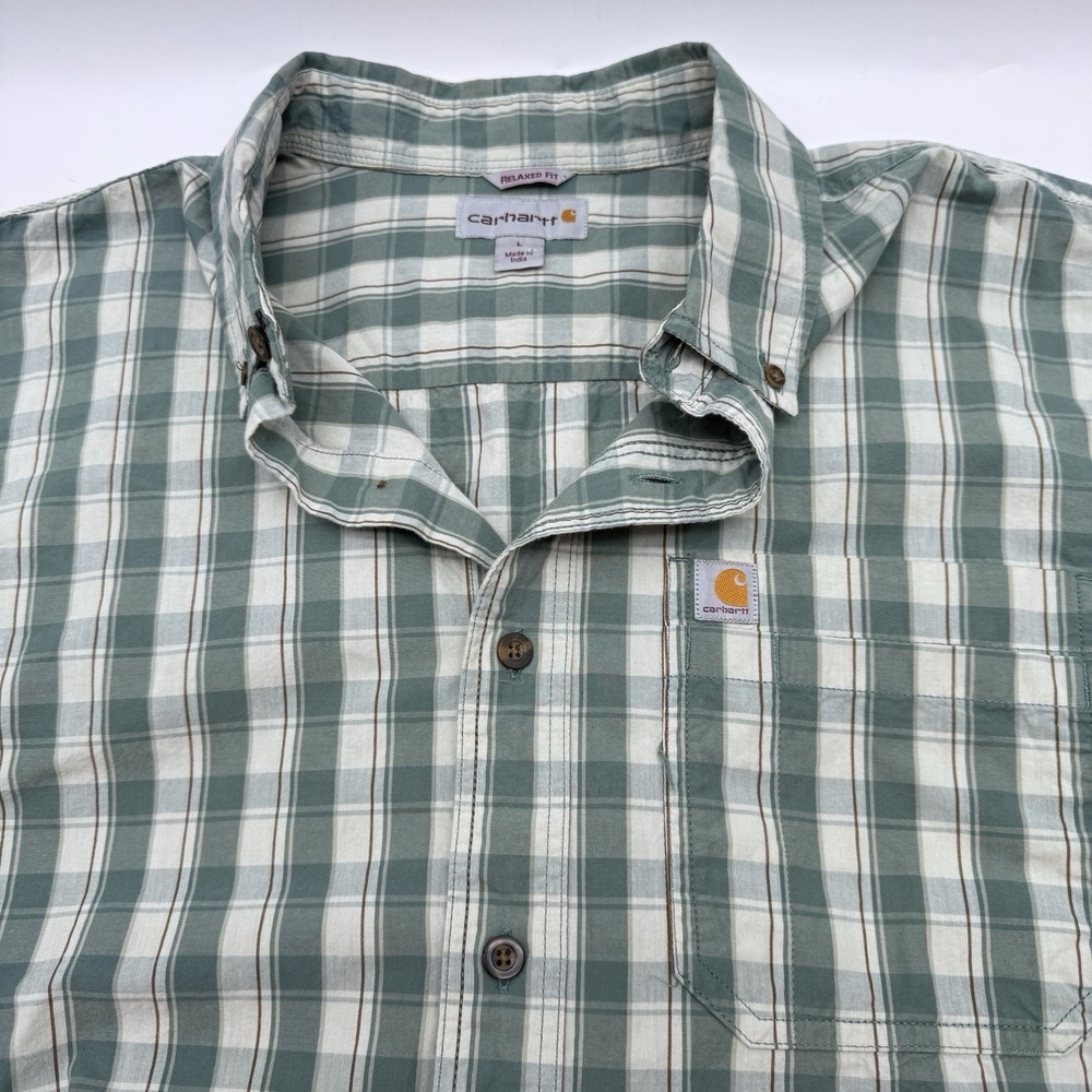 Carhartt Relaxed Fit Plaid Short Sleeve Shirt Mens Large Green White Button Down - Picture 9 of 10